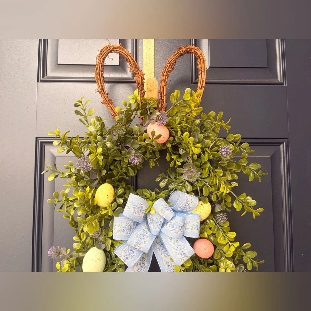 Handmade Boxwood Easter Bunny Wreath with Pastel Eggs and Blue Bow 28” x 13”
